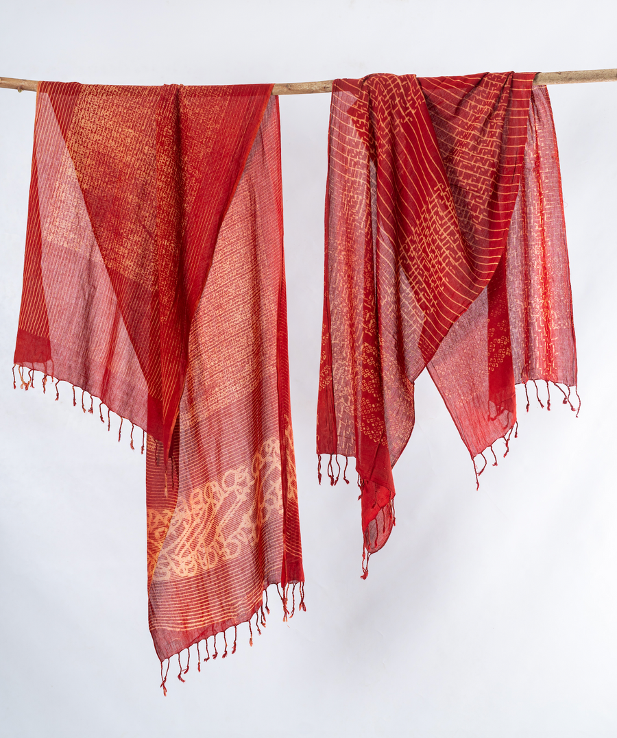 Natural Dyed Organic Cotton Handblock Printed Scarf (Red)- ADANYA