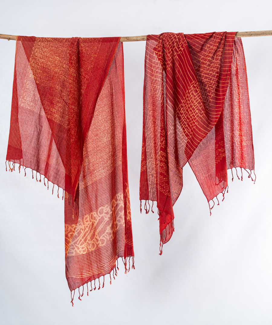 Natural Dyed Organic Cotton Handblock Printed Scarf (Red)- ADALEE