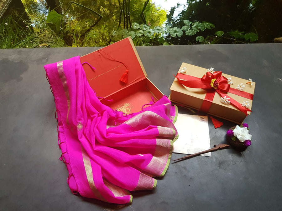 Pink and Gold Varanasi Silk Scarf Gift Box - Main Image