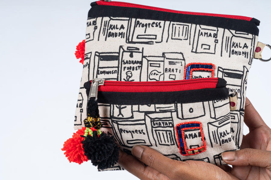 Hand-embroidered Organic Cotton Doodle Pouch- LETTER BOX - Upasana Auroville