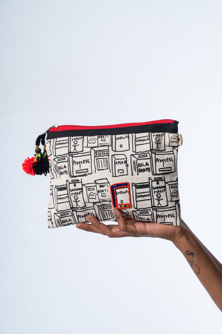 Hand-embroidered Organic Cotton Doodle Pouch- LETTER BOX - Upasana Auroville