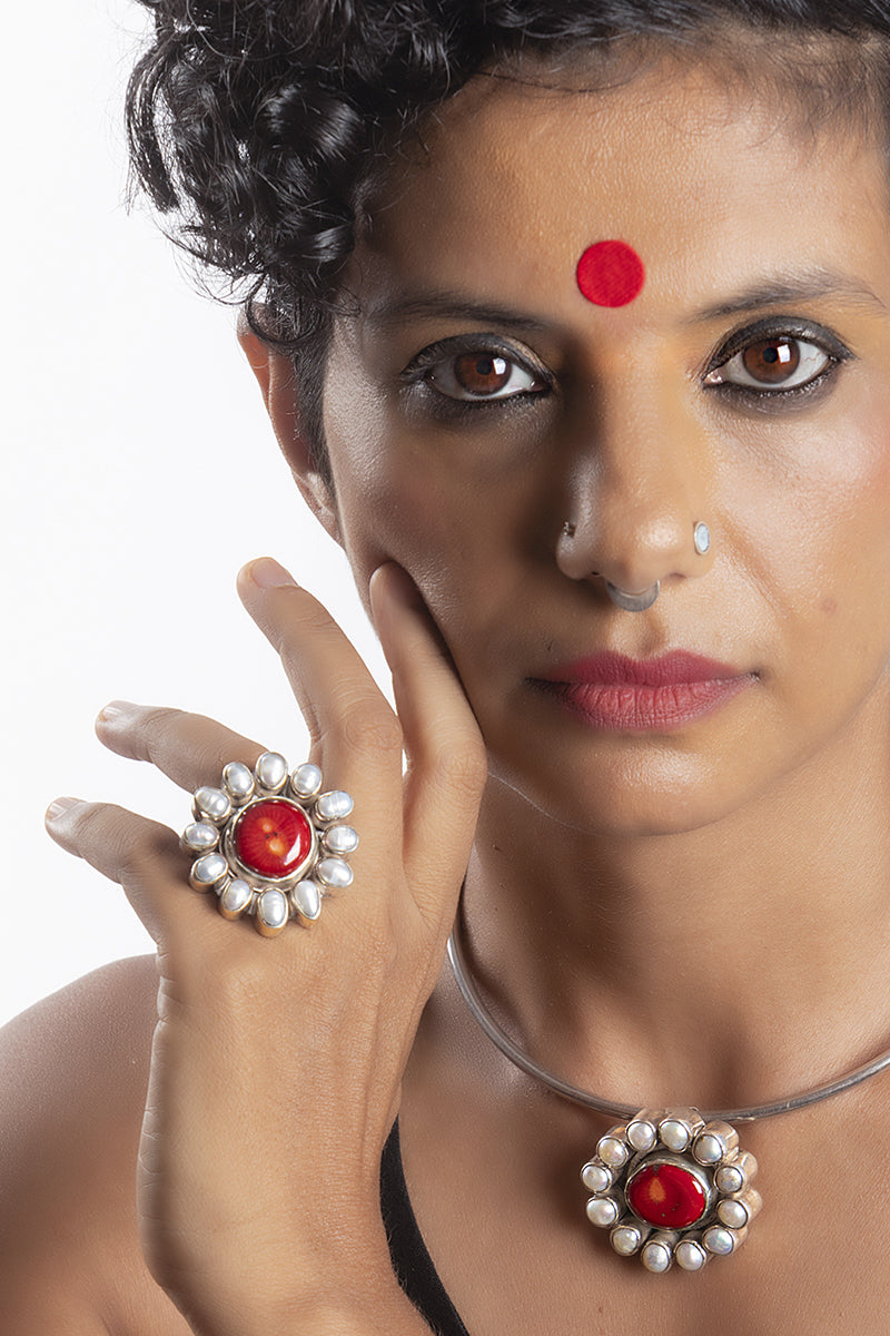 Red Coral with Twelve Pearls - Silver Ring
