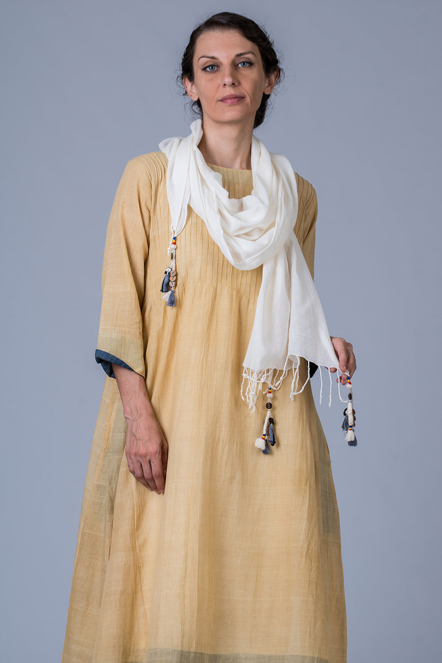 Set of 3- Medicinal Neem Dyed Hand Spun Cotton Pintuck Dress, Pant & Scarf