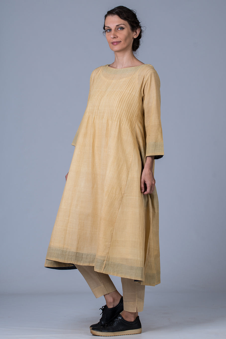 Set of 3- Medicinal Neem Dyed Hand Spun Cotton Pintuck Dress, Pant & Scarf