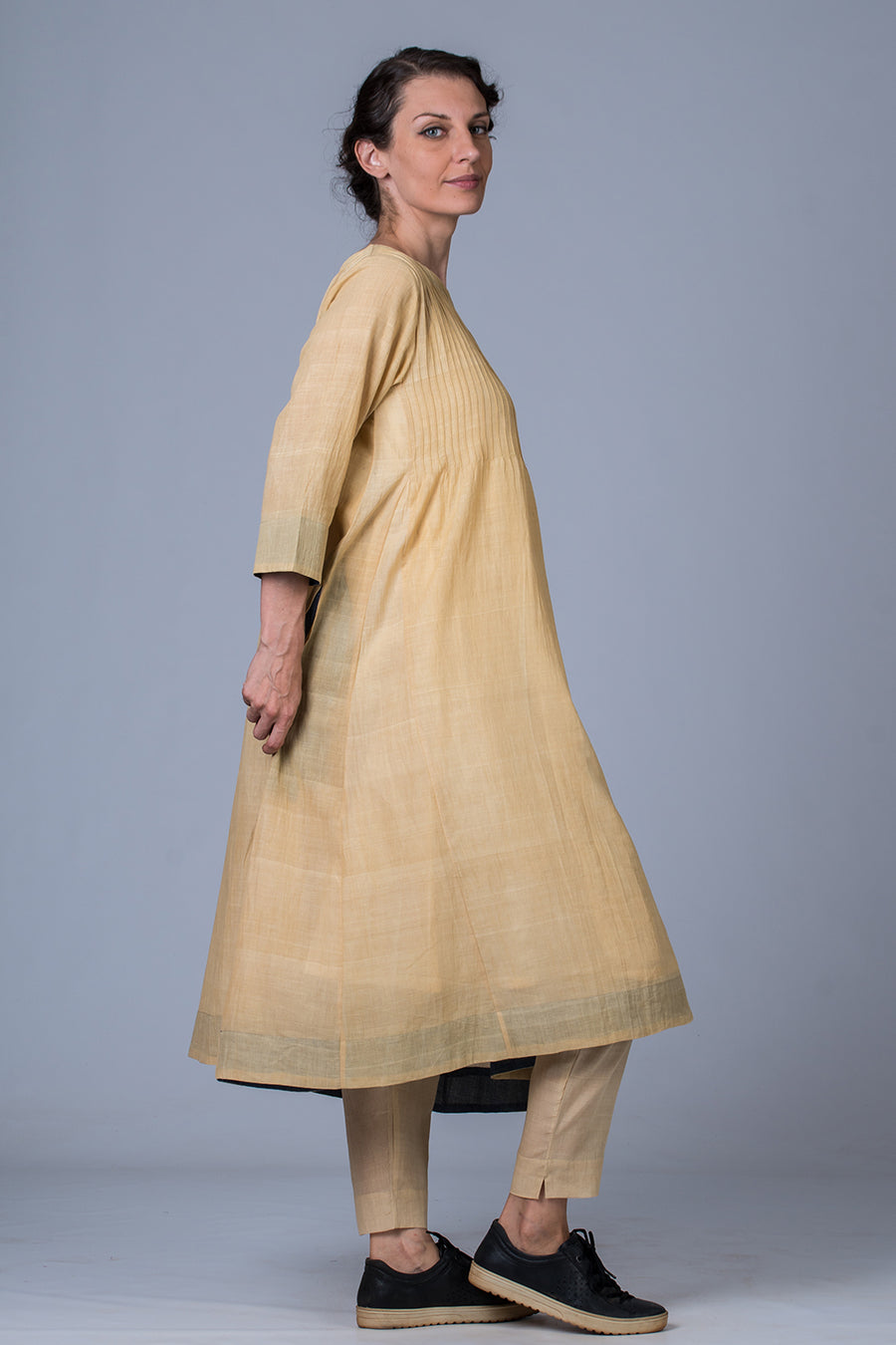 Set of 3- Medicinal Neem Dyed Hand Spun Cotton Pintuck Dress, Pant & Scarf