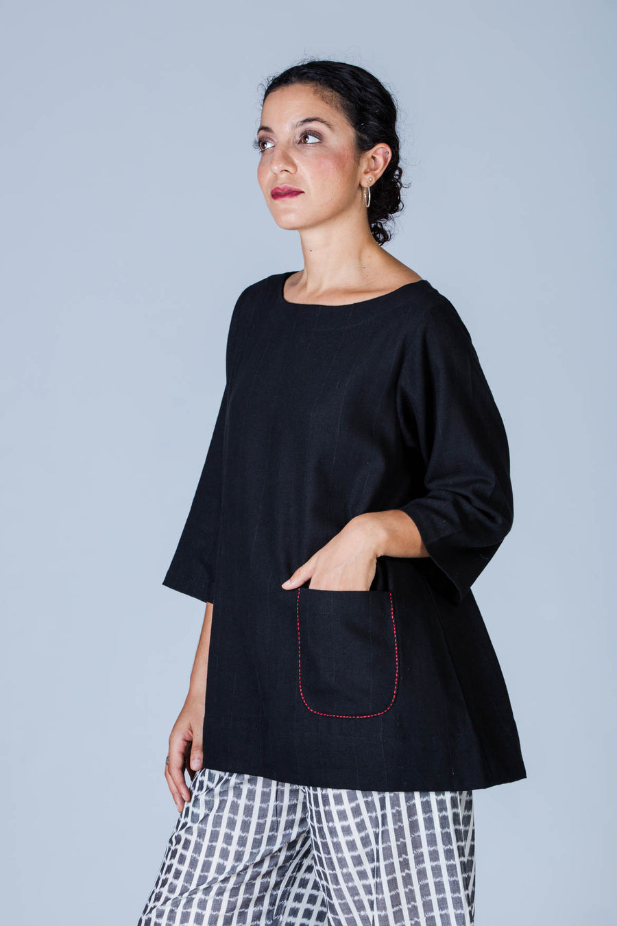 Set of 2- Black Handspun Khadi Top & Ikat Pant