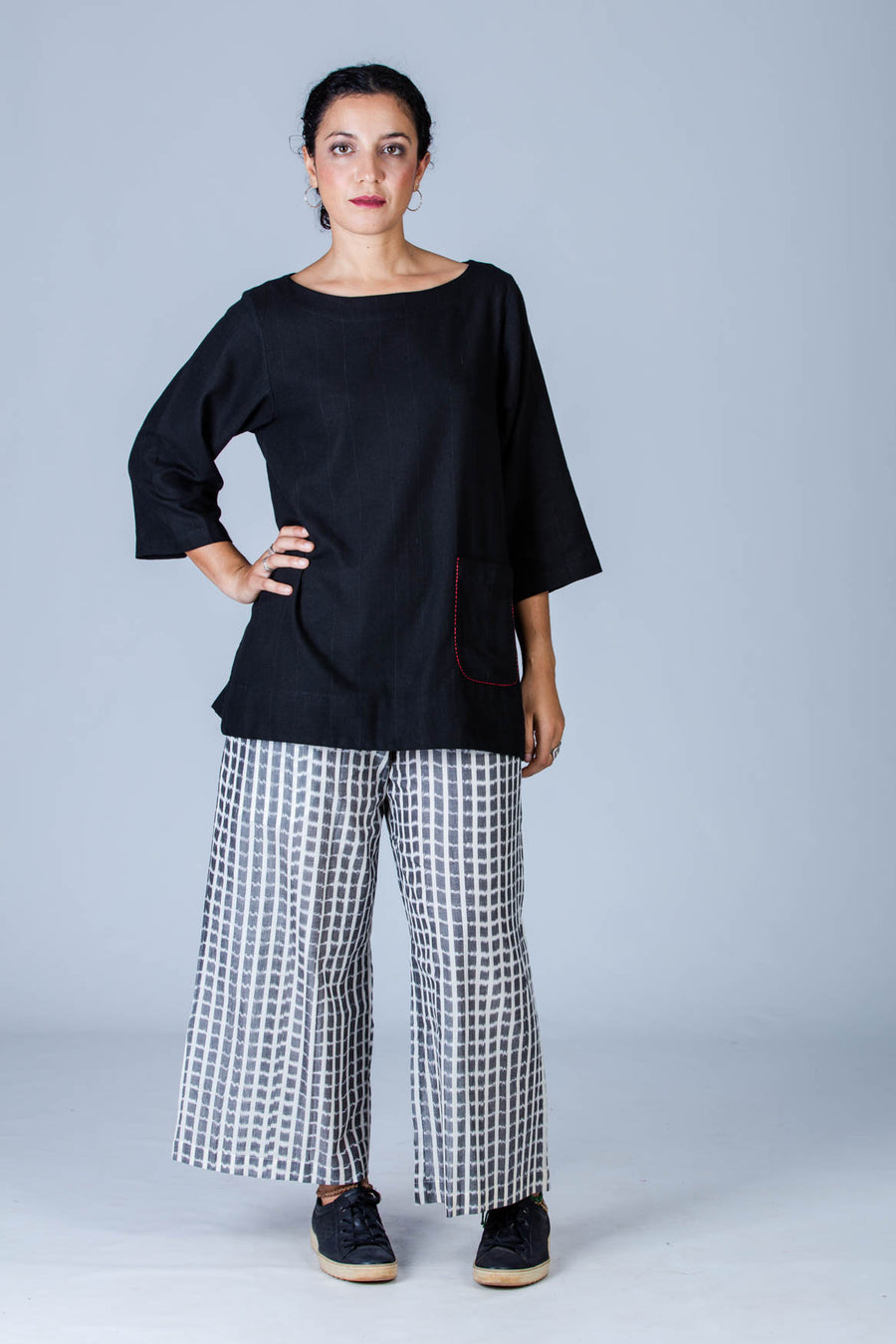 Set of 2- Black Handspun Khadi Top & Ikat Pant