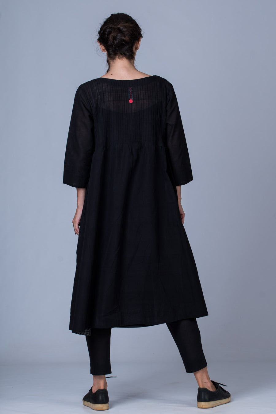 Set of 3- Black Hand Spun Cotton Pintuck Dress, Pant & Scarf