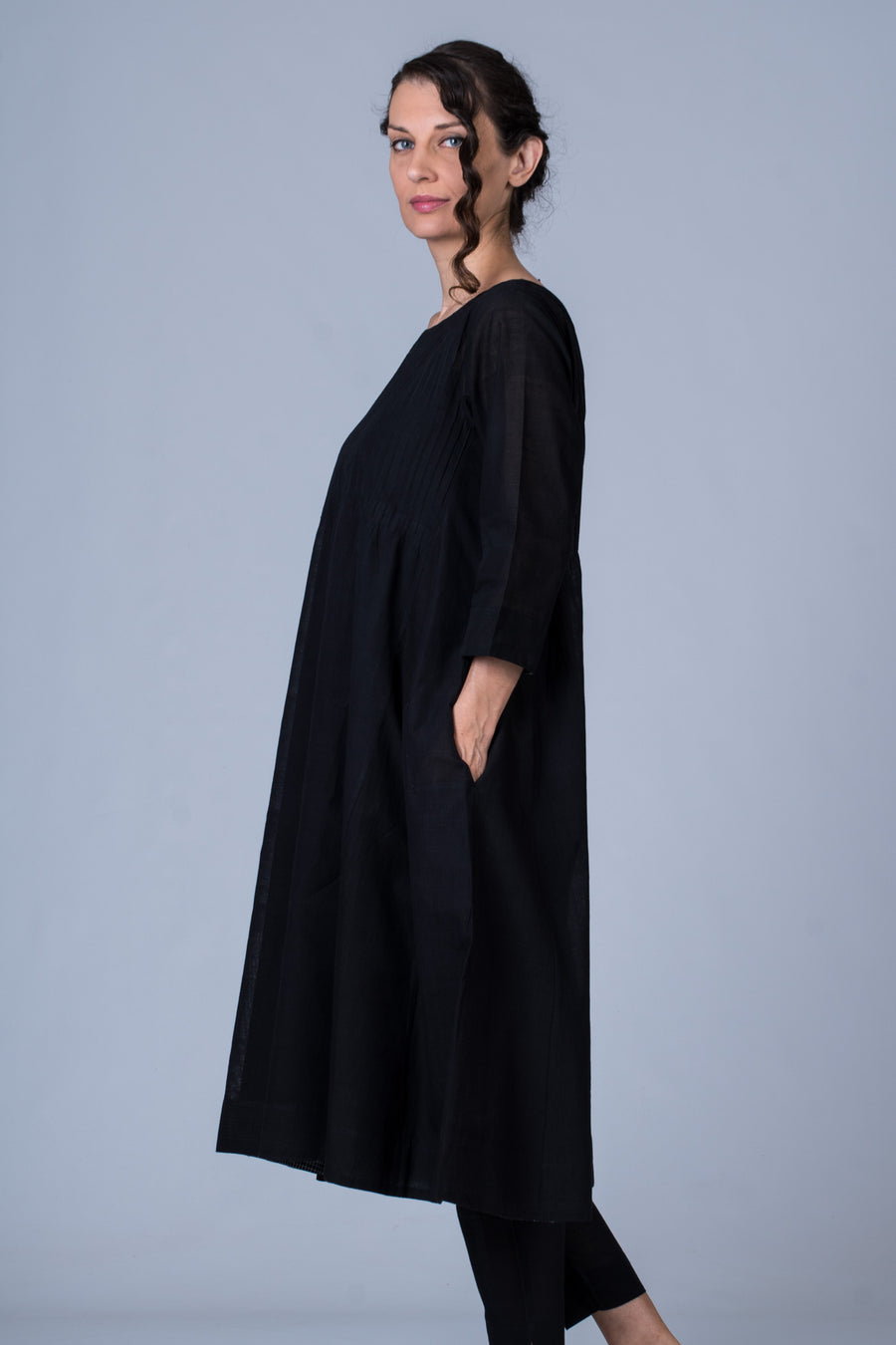 Set of 3- Black Hand Spun Cotton Pintuck Dress, Pant & Scarf