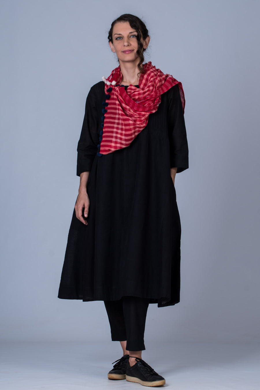 Set of 3- Black Hand Spun Cotton Pintuck Dress, Pant & Scarf