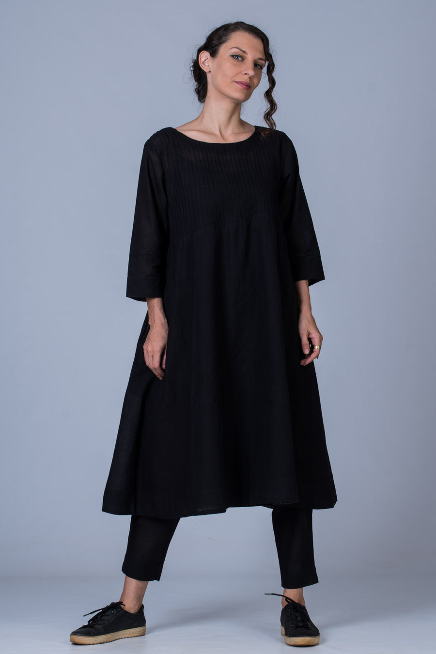 Set of 3- Black Hand Spun Cotton Pintuck Dress, Pant & Scarf