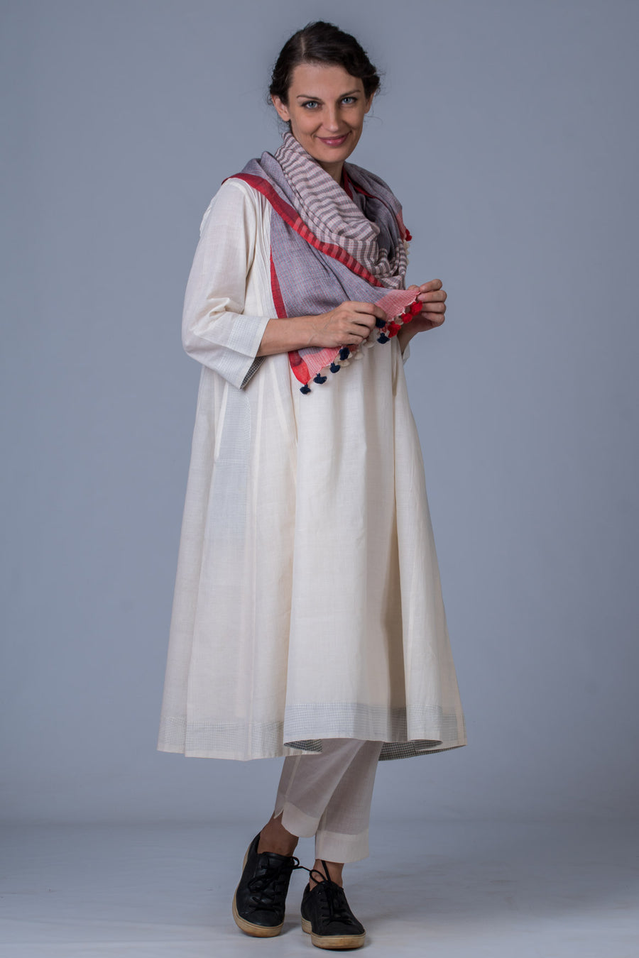 Set of 3- Off White Hand Spun Cotton Pintuck Dress, Pant & Scarf